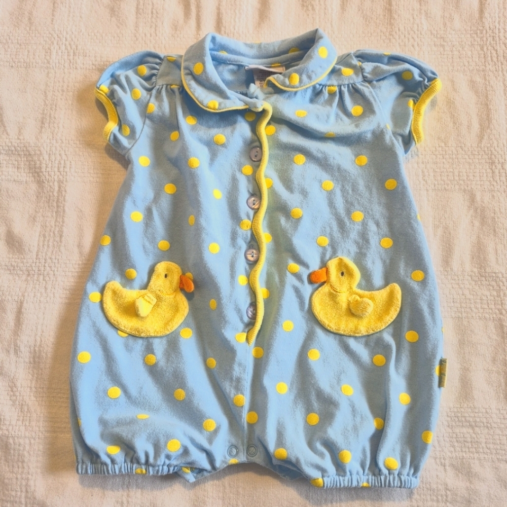 LeTop girls size 3 months blue with yellow polka dots & duck pockets romper VGUC